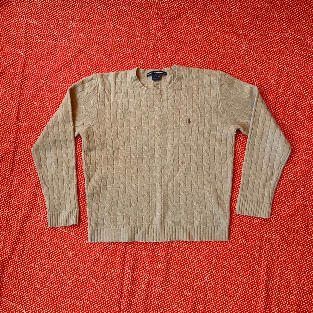 Ralph Lauren vintage 90s Tan Cable Knit Lambswool Crewneck Sweater Womens Large